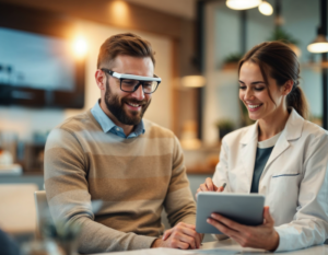 patient wearing futuristic bone conduction glasses